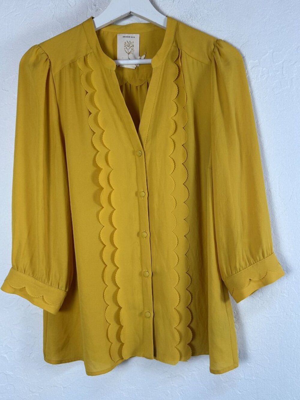 Meadow Rue Anthropologie Womens Yellow Scalloped Button-Down Blouse Top Size 8
